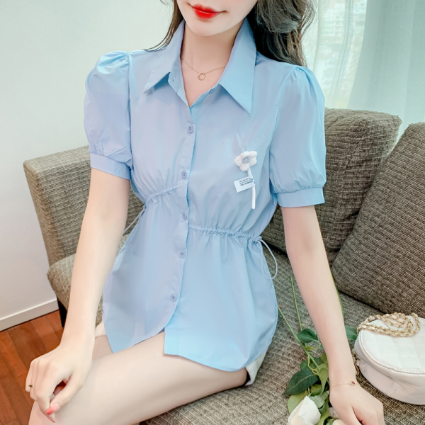 RM6809#夏季新款韩polo领短袖衬衫女抽绳收腰显瘦设计感小众上衣潮