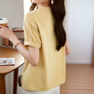 RM7422#设计感休闲衬衫女2023年夏季新款通勤风优雅短袖纯色气质薄款上衣