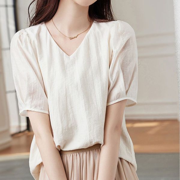 RM7423#白色短袖韩版上衣女2023年夏季新款法式设计感V领减龄衬衫上...