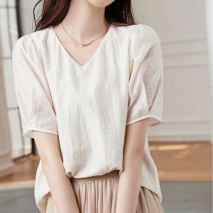 RM7423#白色短袖韩版上衣女2023年夏季新款法式设计感V领减龄衬衫上衣潮