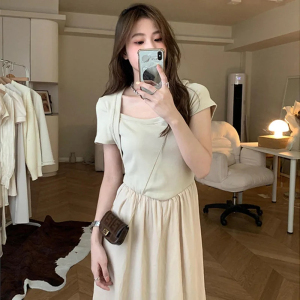 RM5353#设计感小众拼接T恤连衣裙女2023年夏季复古方领高腰显瘦纯色长裙