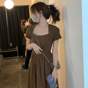 RM5353#设计感小众拼接T恤连衣裙女2023年夏季复古方领高腰显瘦纯色长裙