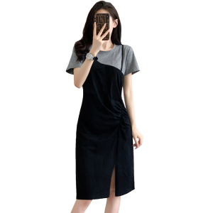 RM10592#中长款T恤裙撞色拼接假两件大码连衣裙