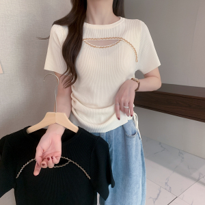 RM6135#法式镂空针织衫女短袖夏季2023新款设计感独特别致修身上衣打底衫