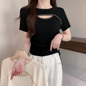 RM6135#法式镂空针织衫女短袖夏季2023新款设计感独特别致修身上衣打底衫