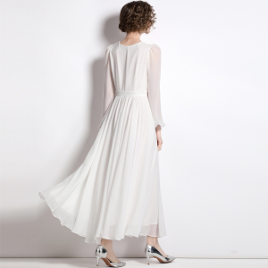 RM5413#法式宫廷复古风显瘦白色连衣裙长袖V领长裙