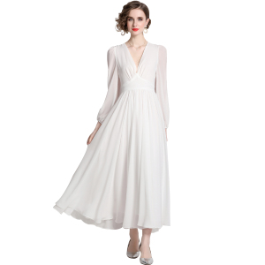 RM5413#法式宫廷复古风显瘦白色连衣裙长袖V领长裙