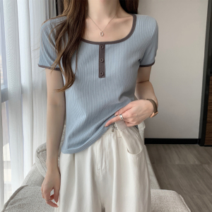 RM5354#方领短袖t恤女修身纯棉2023夏季新款正肩体恤设计感小众上衣
