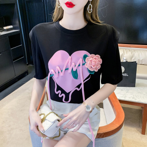 RM16342#短袖设计感修身短袖印花重工甜美套头T恤植物花卉休闲上衣