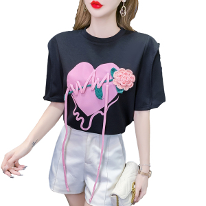 TR20532# 短袖设计感修身短袖印花重工甜美套头T恤植物花卉休闲上衣 服装批发女装服饰货源