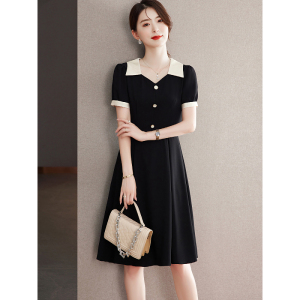 RM5667#黑色连衣裙夏季女2023年新款娃娃领中长款修身显瘦气质高级感裙子