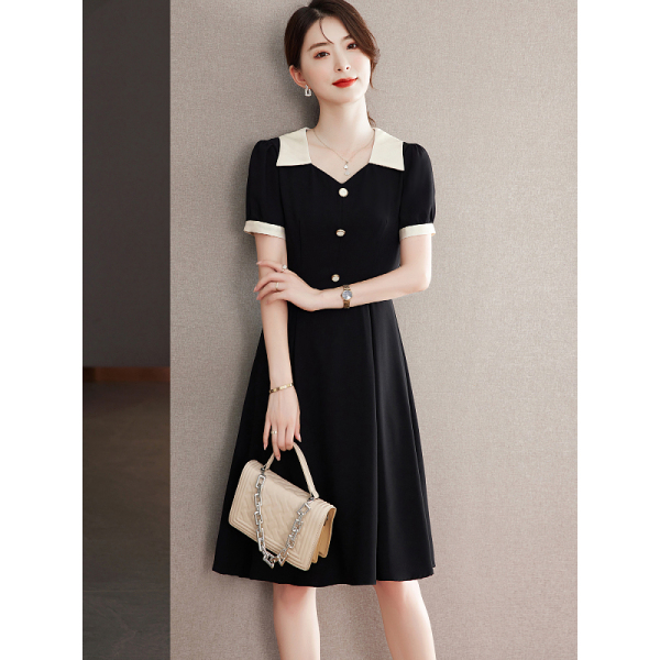 RM5667#黑色连衣裙夏季女2023年新款娃娃领中长款修身显瘦气质高级感...