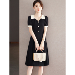 RM5667#黑色连衣裙夏季女2023年新款娃娃领中长款修身显瘦气质高级感裙子