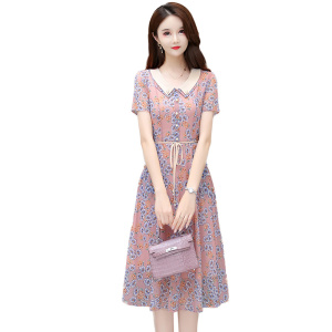 RM5974#夏季新款短袖印花连衣裙网纱妈妈装透气收腰显瘦