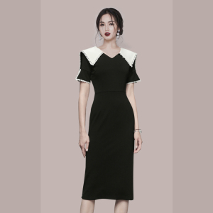 RM5734#韩版夏季小香风娃娃领修身纯色气质连衣裙