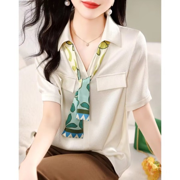 RM6845#夏季新款衬衫女时尚印花T丝巾翻领直筒套头小众女式衬衫