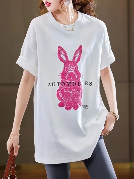 RM6551#字母兔子印花短袖T恤宽松大码胖妹妹女装欧洲站新款夏季