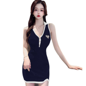 Real time sexy color matching college style hanging neck vest dress for female small figure knitting temperament spicy g