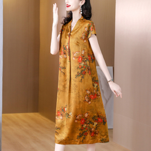 RM19024#真丝裙女2023新款夏季古风V领短袖大码连衣裙