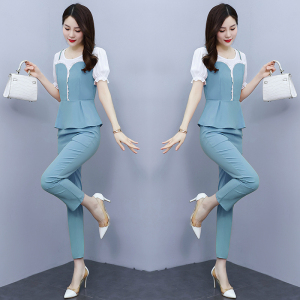 RM10404#时尚职业套装女2023新款夏季修身御姐拼接显瘦短袖雪纺长裤两件套