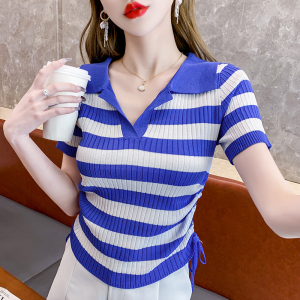 RM5190#设计感条纹T恤小众v领撞色抽绳短袖韩版独特甜美简约针织衫上衣