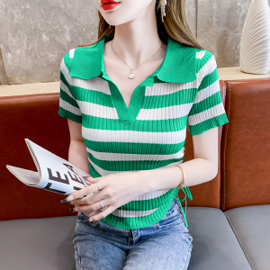 RM5190#设计感条纹T恤小众v领撞色抽绳短袖韩版独特甜美简约针织衫上衣