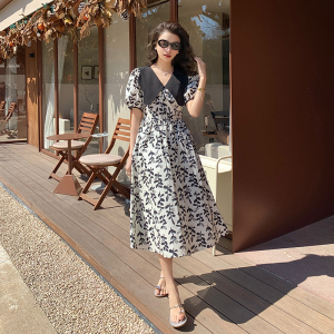 RM5556#法式娃娃领连衣裙韩版夏季高腰显瘦印花高级感茶歇裙子