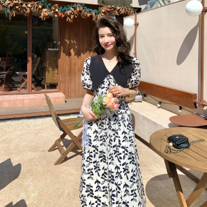 RM5556#法式娃娃领连衣裙韩版夏季高腰显瘦印花高级感茶歇裙子