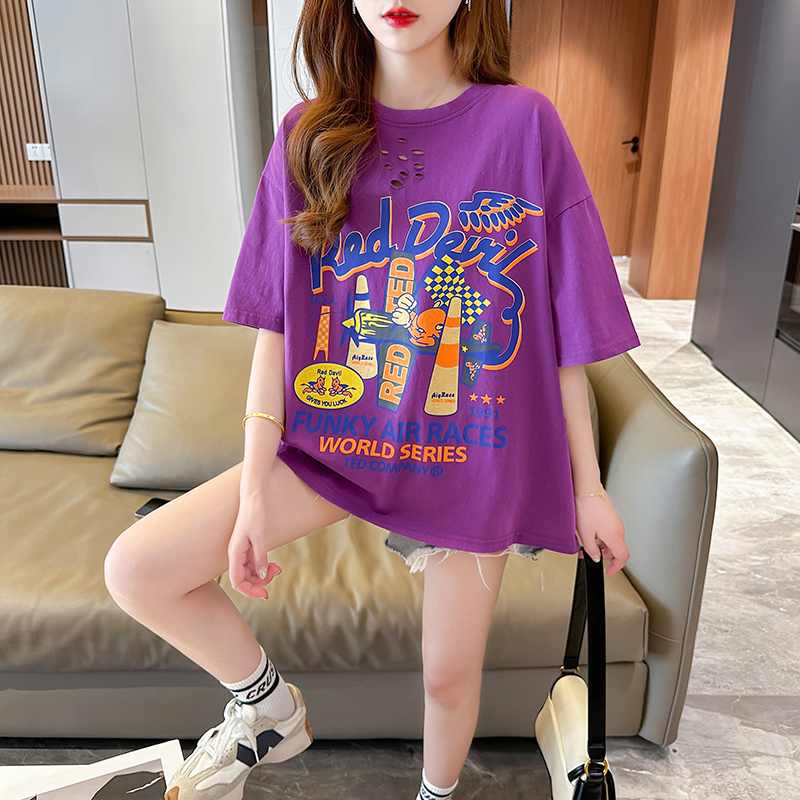 Actual shot of 100% pure cotton fashionable ripped Korean style small printed short-sleeved T-shirt for women summer plus size top