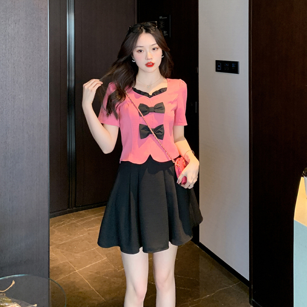 RM5562#夏季新款方领蝴蝶结甜美减龄短款两件套裙上衣+半身裙