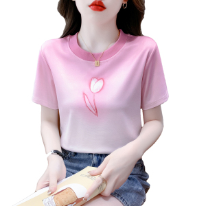 RM5703#爆款上衣夏季T恤圆领甜美淑女短袖韩版套头植物花卉