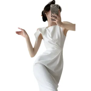 TR19378# 印思赫本风白色连衣裙法式新款女复古高级感无袖背心领证小白裙 服装批发女装服饰货源
