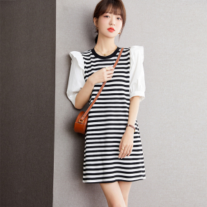 TR18753# 条纹法式连衣裙女夏季新款韩版气质设计感裙子潮 服装批发女装服饰货源
