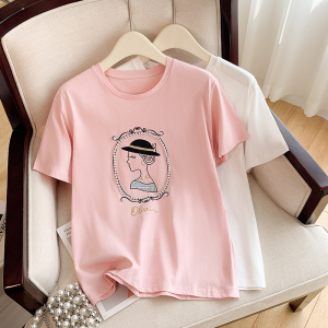 RM7833#白色纯棉短袖T恤女夏季2023新款设计感钉珠印花休闲体恤上衣