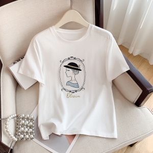 RM7833#白色纯棉短袖T恤女夏季2023新款设计感钉珠印花休闲体恤上衣