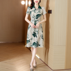 RM5847#系带花色短袖连衣裙女夏季新款时尚气质高腰显瘦Polo领中长裙