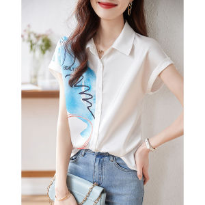 RM5085#夏季新品简约气质艺术抽象印花时尚显瘦舒适翻领女式短袖衬衫