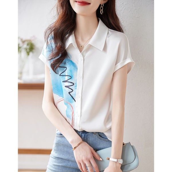 RM5085#夏季新品简约气质艺术抽象印花时尚显瘦舒适翻领女式短袖衬衫