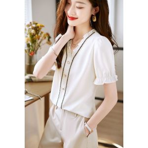 RM5087#夏季新款都市时尚简约气质经典黑白舒适优雅女士韩版短袖衬衫