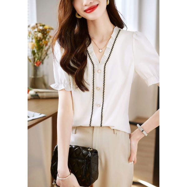 RM5087#夏季新款都市时尚简约气质经典黑白舒适优雅女士韩版短袖衬衫