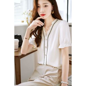 RM5087#夏季新款都市时尚简约气质经典黑白舒适优雅女士韩版短袖衬衫