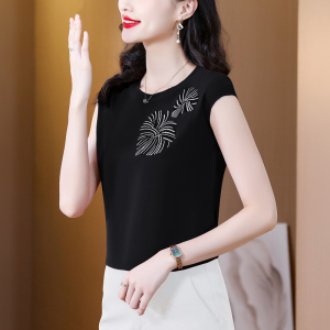 RM6254#夏季新款女装圆领缎面短袖T恤刺绣显瘦连肩袖上衣女