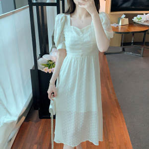 RM11833#温柔风方领泡泡袖茶歇法式连衣裙女高级感小个子显瘦2023新款