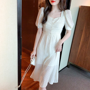 RM11833#温柔风方领泡泡袖茶歇法式连衣裙女高级感小个子显瘦2023新款