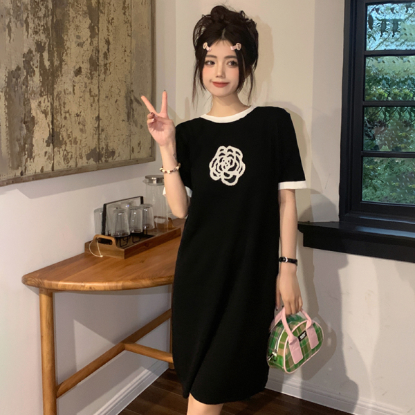 RM5614#大码女装2023夏季新款设计感减龄撞色宽松显瘦短袖针织连衣裙