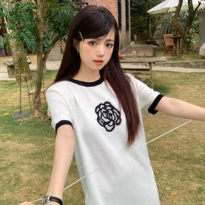 RM5614#大码女装2023夏季新款设计感减龄撞色宽松显瘦短袖针织连衣裙