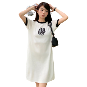 RM5614#大码女装2023夏季新款设计感减龄撞色宽松显瘦短袖针织连衣裙