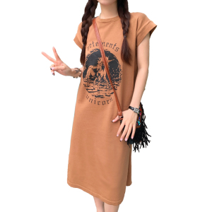 RM5615#大码女装2023夏季新款设计感字母印花宽松短袖针织开叉连衣裙