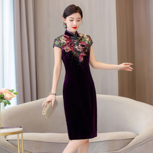 RM5307#新款印花丝绒拼接改良短旗袍日常显瘦高端连衣裙