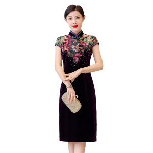 RM5307#新款印花丝绒拼接改良短旗袍日常显瘦高端连衣裙